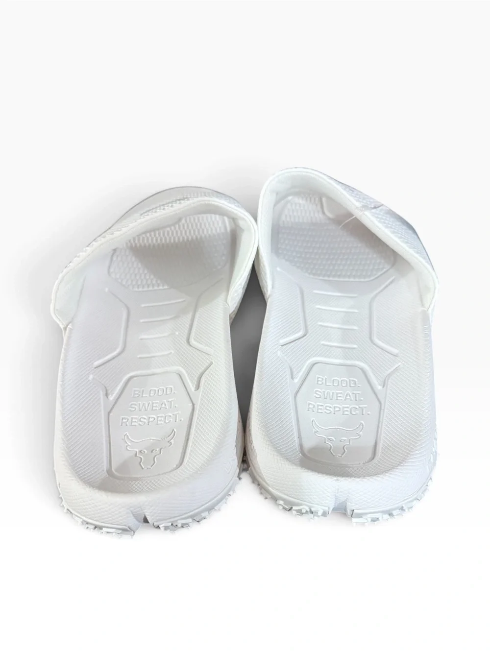 Under Armour White Slide Sandals with Gray Bull Logo
